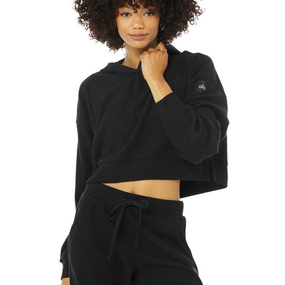 Alo Yoga Muse Black Ribbed Crop Hoodie 